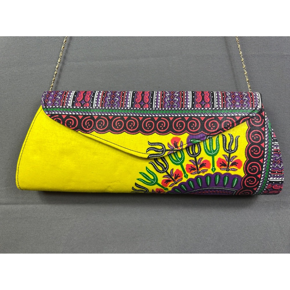 African Print Dashiki Envelope Clutch Bag Yellow Purple Crossbody Chain‎ Strap